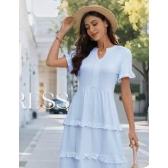 Dress Tells Dresses & Skirts - NWT M Light Blue Ruffle Short Sleeve V Neck A Lined Cottagecore Whimsical Dress